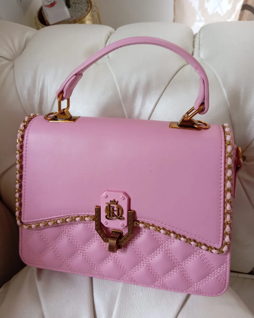 The Chain-Trim Bag in Pink, front view