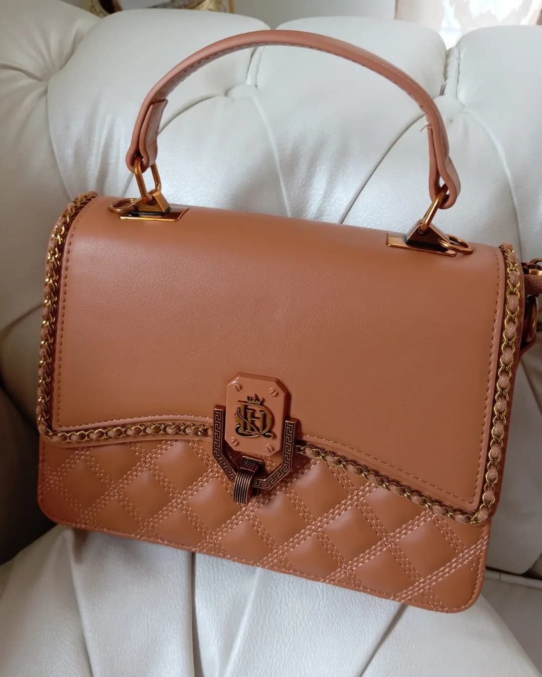 The Chain-Trim Bag in Tan, front view